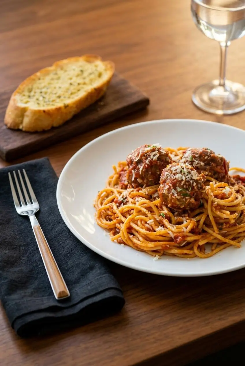 A plated serving of spaghetti and meatballs on a white plate, with a side of garlic bread and a napkin on a wooden table.