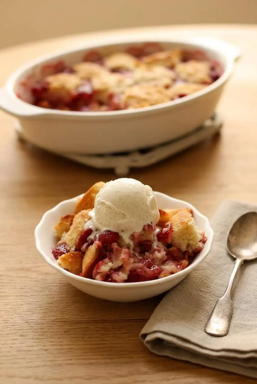 A scoop of warm strawberry cobbler in a rustic white bowl, topped with a melting scoop of vanilla bean ice cream.