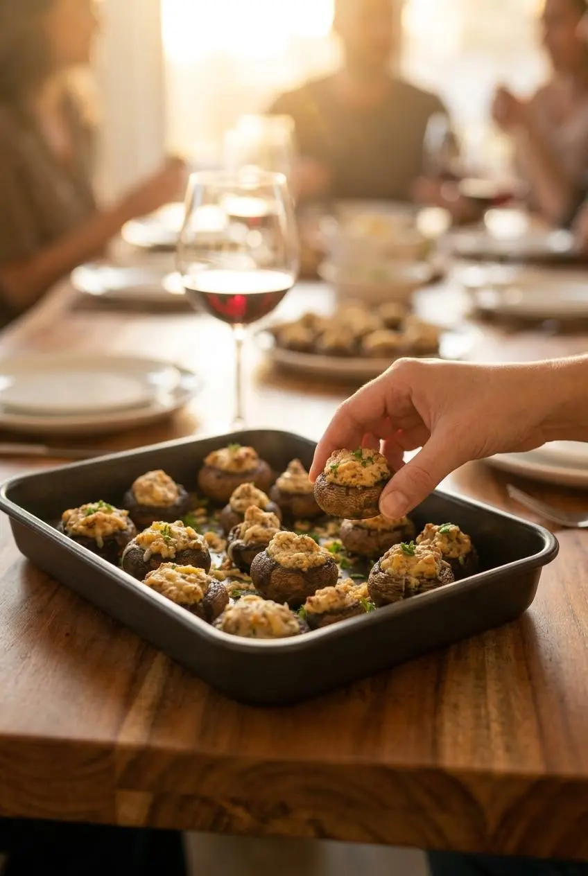 A hand reaches for a cream cheese stuffed mushroom from a white platter set on a wooden table, with a glass of wine blurred in the