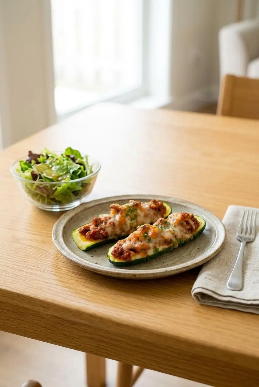 A serving of two stuffed zucchini boats on a rustic plate, next to a small bowl of fresh green salad with vinaigrette on a wooden table.