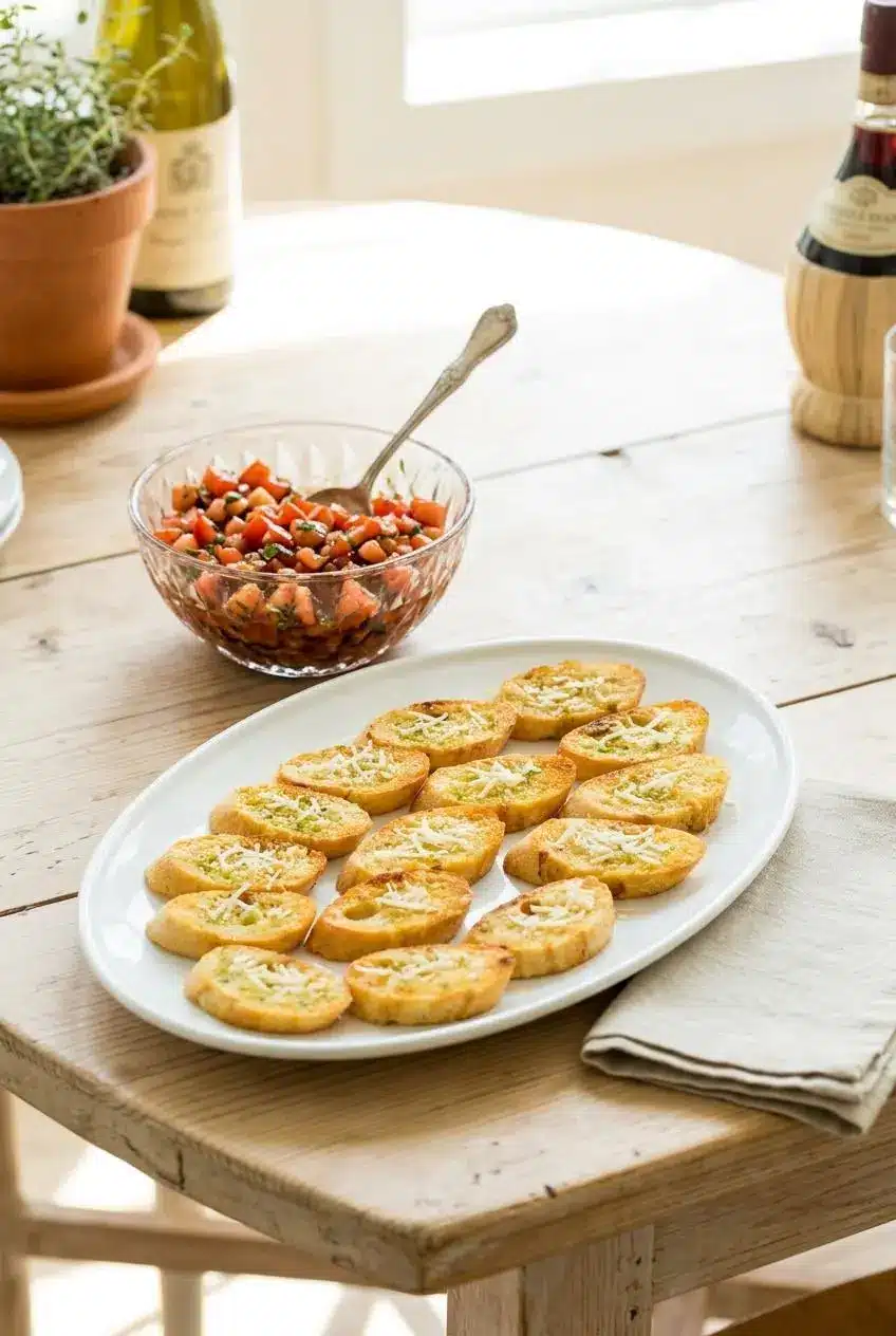 A platter of toasted baguette slices next to a bowl of tomato bruschetta topping, set up for guests to serve themselves.