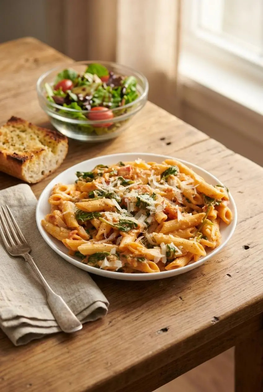 A bowl of tomato spinach pasta served on a wooden table with a side salad and a piece of crusty garlic bread for a complete meal.