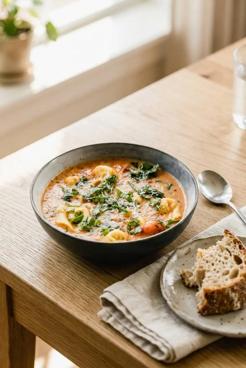 A bowl of tortellini soup served on a wooden table next to a piece of crusty bread for dipping and a linen napkin.