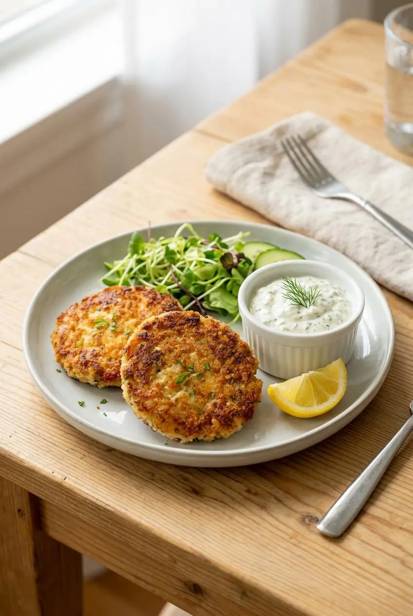 A complete meal on a wooden table, showing two tuna patties on a white plate with a fresh green salad and a side of lemon-dill yogurt dip.