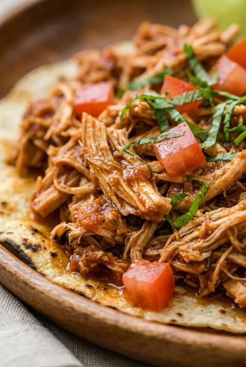 A close-up shot of saucy, tender shredded chicken in a black slow cooker insert, with a fork resting beside it to show the moist texture.