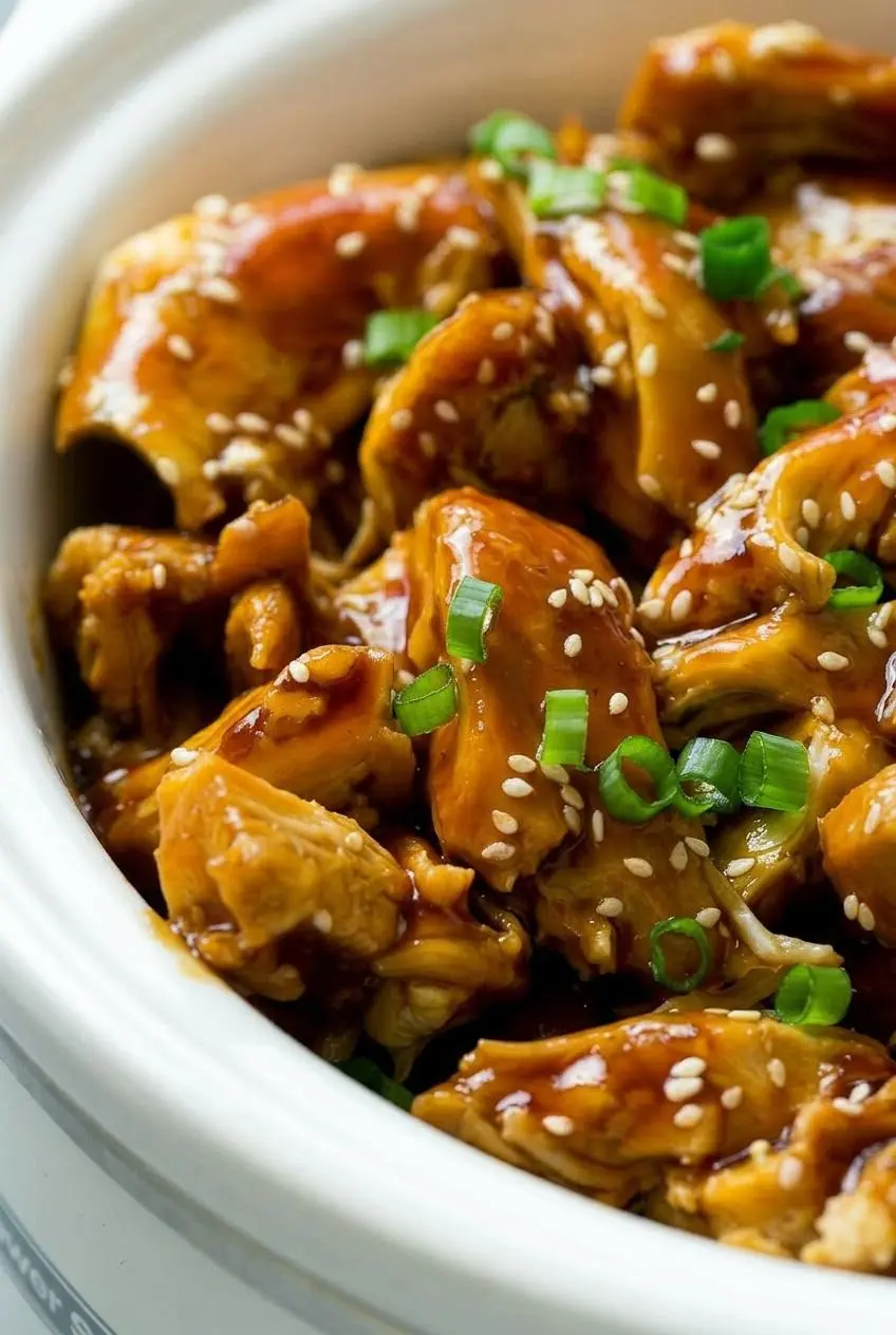 A macro close-up shot of juicy, shredded teriyaki chicken, showing the glossy texture of the sauce and individual strands of meat.