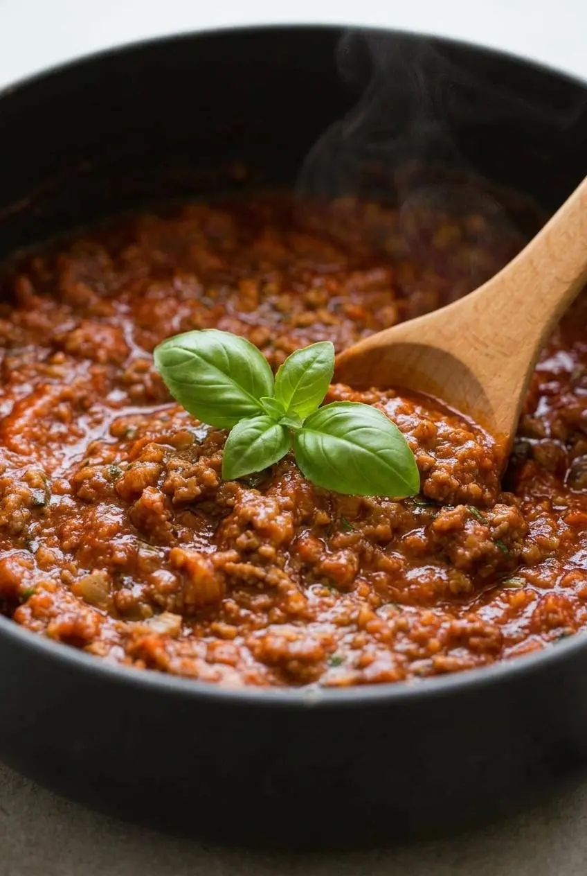 A close-up, overhead view of thick, red spaghetti sauce with ground beef and herbs simmering in a dark skillet, being stirred by a wooden