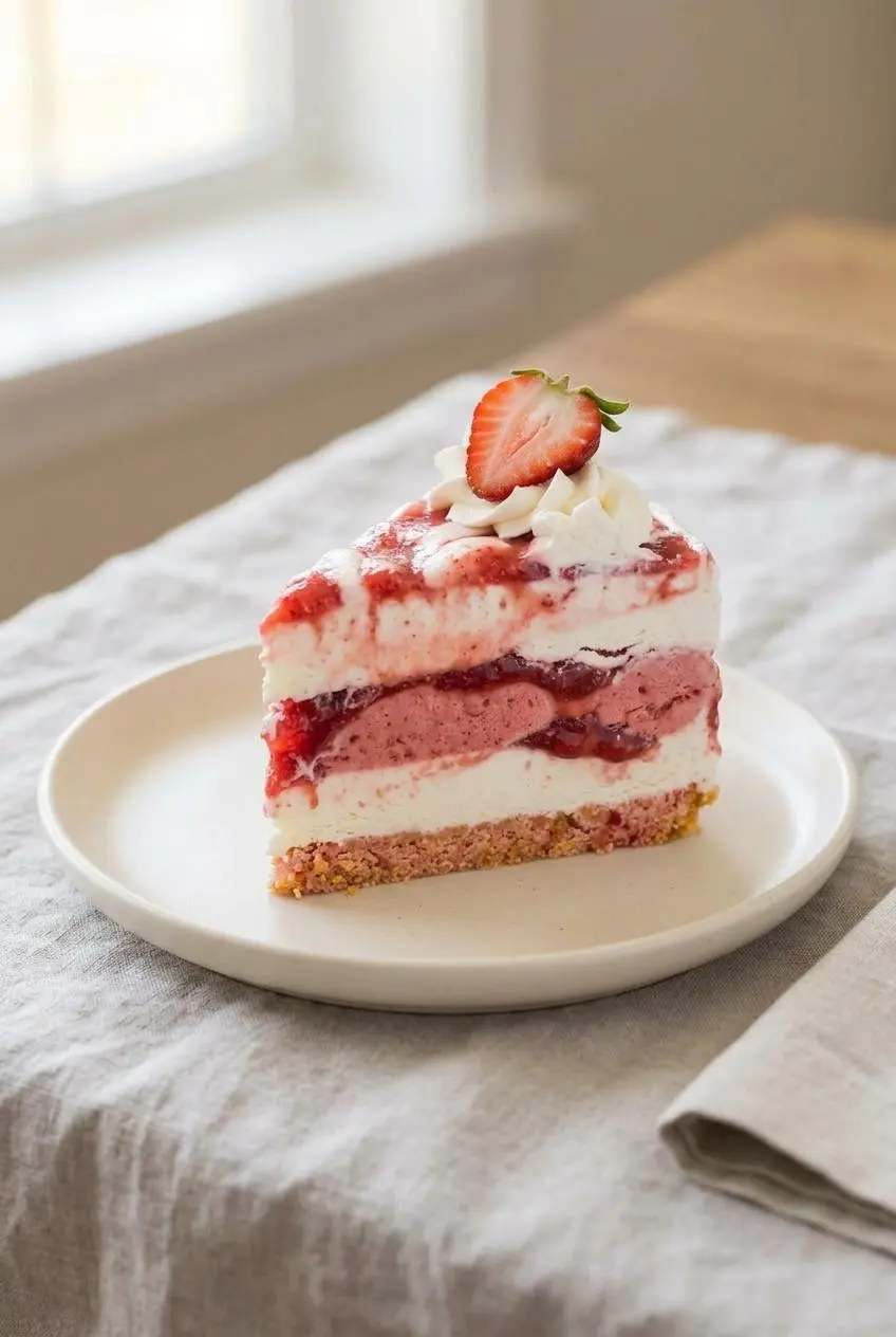 A neat slice of strawberry shortcake ice cream cake served on a plate with whipped cream and a fresh strawberry.