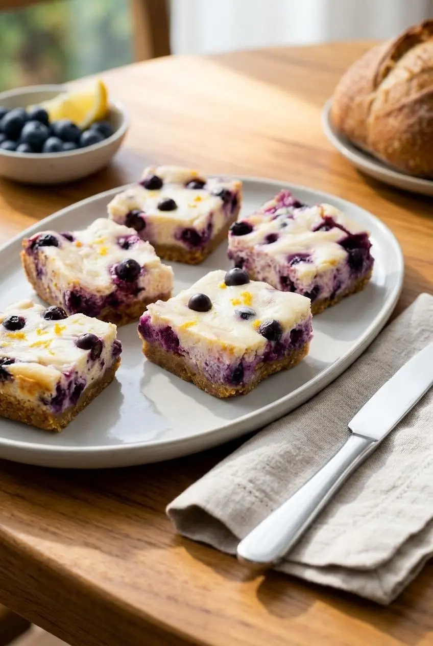 Neatly sliced square lemon blueberry cheesecake bars arranged on a grey serving platter on a wooden table.