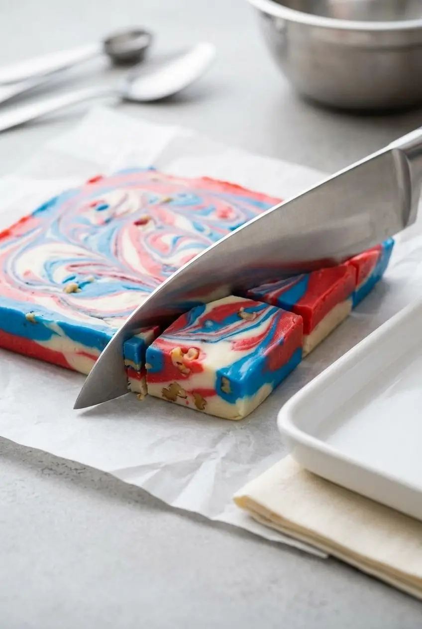 Large chef's knife slicing through a slab of red, white, and blue layered fudge on white parchment paper.