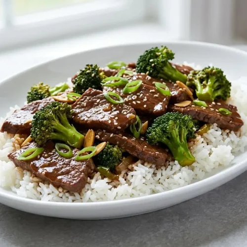 Slow Cooker Beef and Broccoli in a white bowl served over rice, showing tender beef and crisp broccoli in a glossy sauce, garnished with