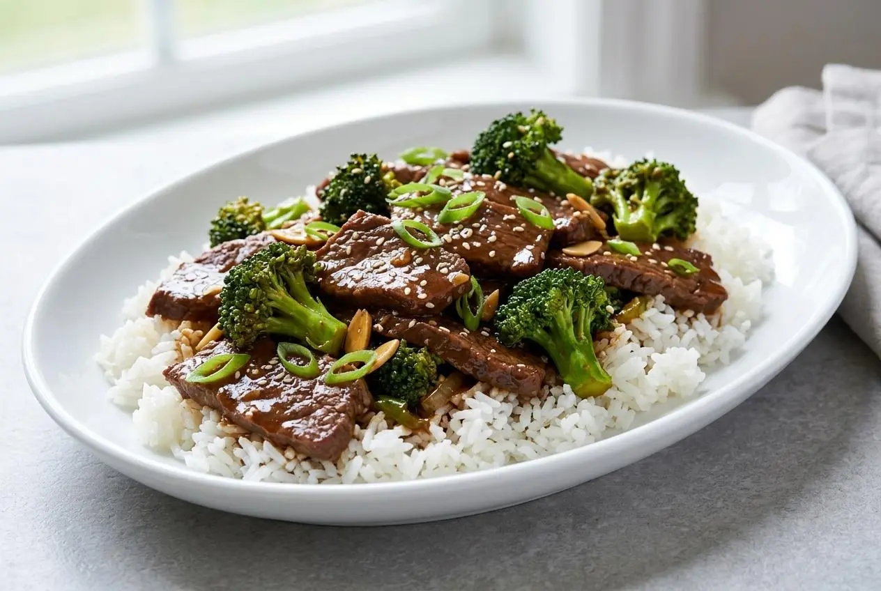 Slow Cooker Beef and Broccoli in a white bowl served over rice, showing tender beef and crisp broccoli in a glossy sauce, garnished with