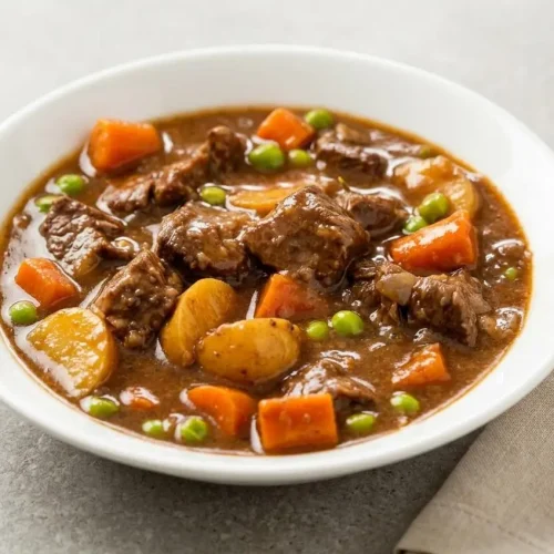 A dark rustic bowl of slow cooker beef stew with tender beef, carrots, potatoes, and peas in a rich, glossy gravy.
