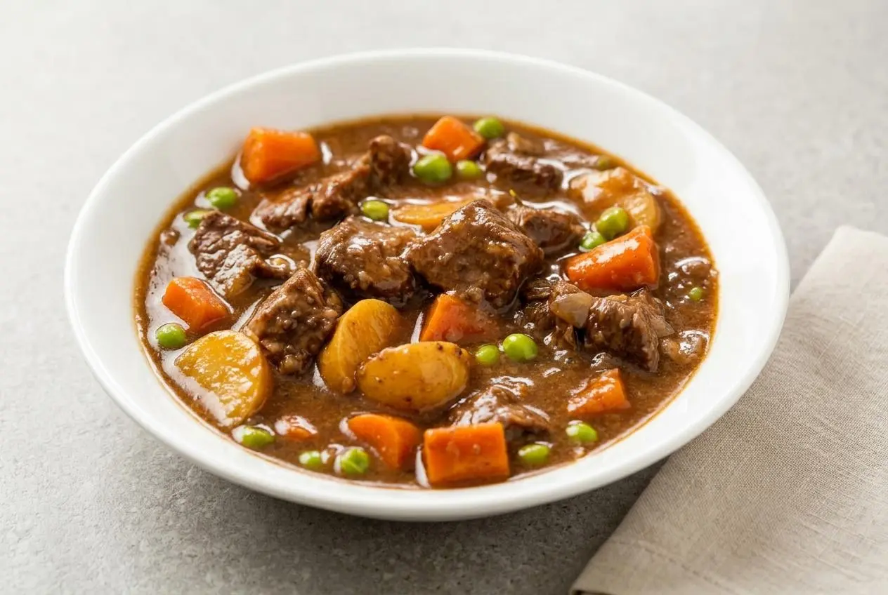 A dark rustic bowl of slow cooker beef stew with tender beef, carrots, potatoes, and peas in a rich, glossy gravy.