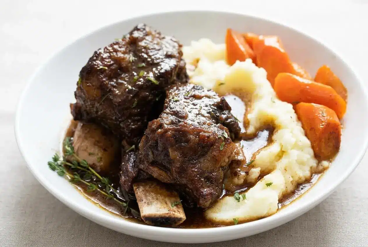 Slow cooker short ribs and glazed carrots served over creamy mashed potatoes in a white bowl, with a rich, glossy red wine sauce.