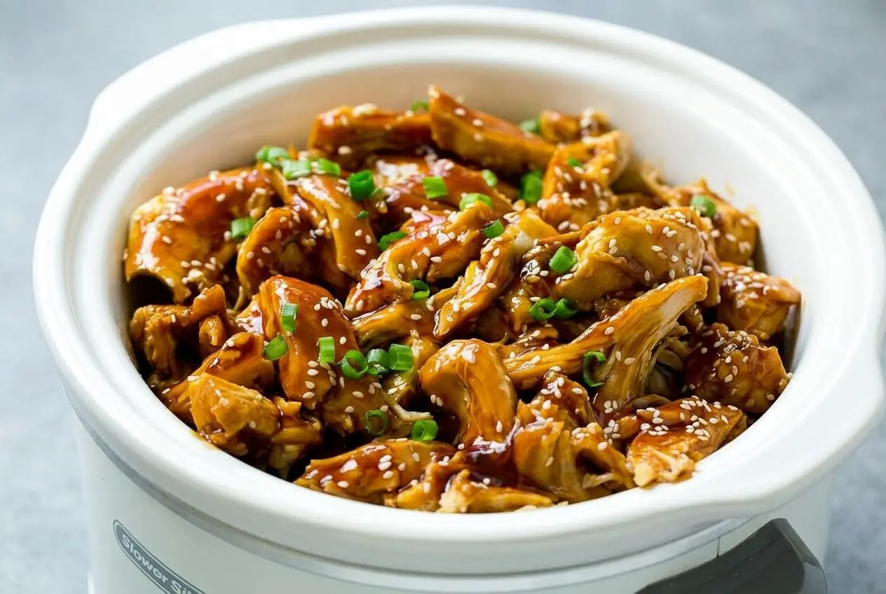 Slow Cooker Teriyaki Chicken in a white bowl, showing tender shredded chicken coated in a glossy homemade sauce and garnished with sesame