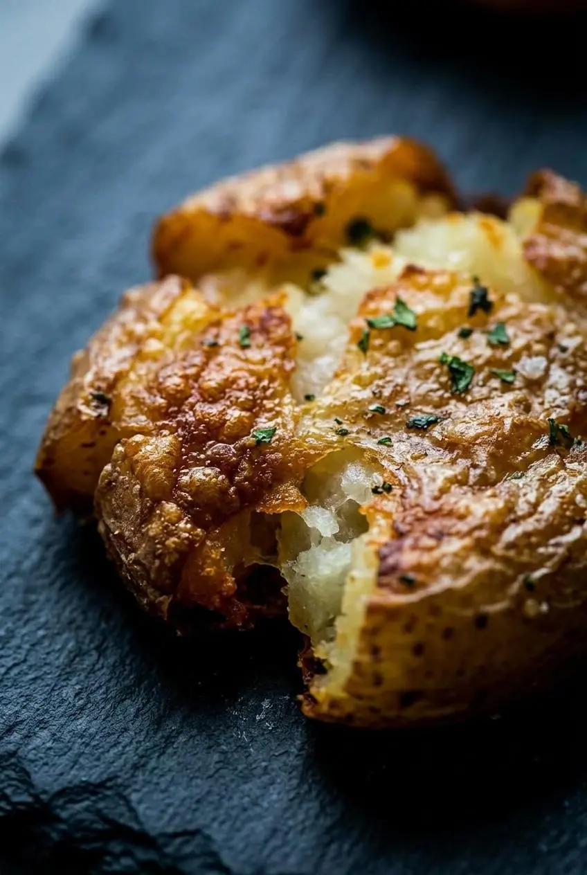 An extreme close-up of a single smashed potato on a dark surface, highlighting the ultra-crispy, bubbly, and golden-brown texture of the