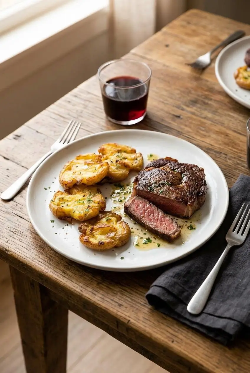 A white plate holding three golden smashed potatoes with parsley next to a sliced steak on a rustic wooden table.