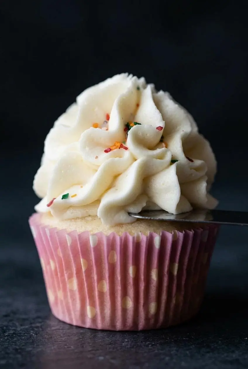A close-up macro shot of smooth white frosting in a glass bowl, with a spatula making a glossy swirl to show its bubble-free texture.