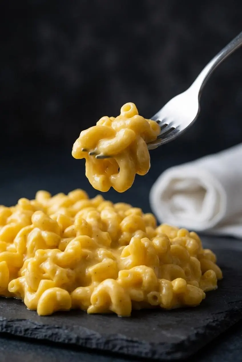 A close-up of a fork lifting macaroni and cheese, revealing the perfectly smooth, glossy texture of the cheddar sauce.