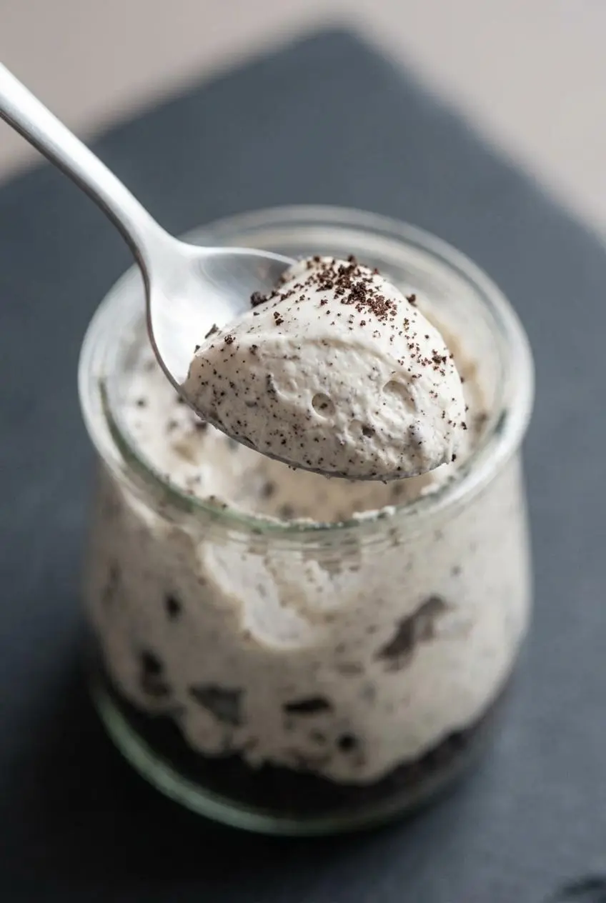 Spoon lifting a scoop of smooth, fluffy no-bake Oreo cheesecake filling showing its lump-free mousse texture.