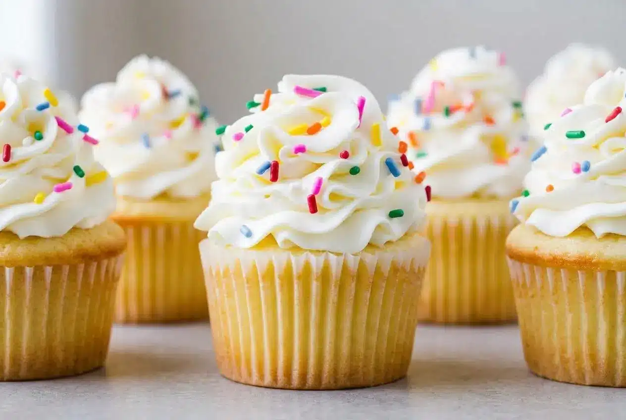 A perfect vanilla cupcake with a lightly golden top, resting in a simple paper liner on a dark surface.