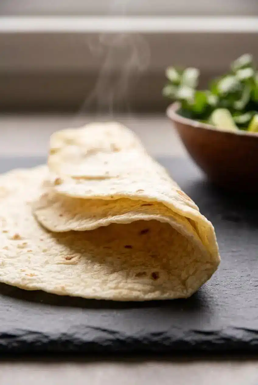 A close-up image of a soft homemade flour tortilla being folded in half, demonstrating its pliable texture without cracking.