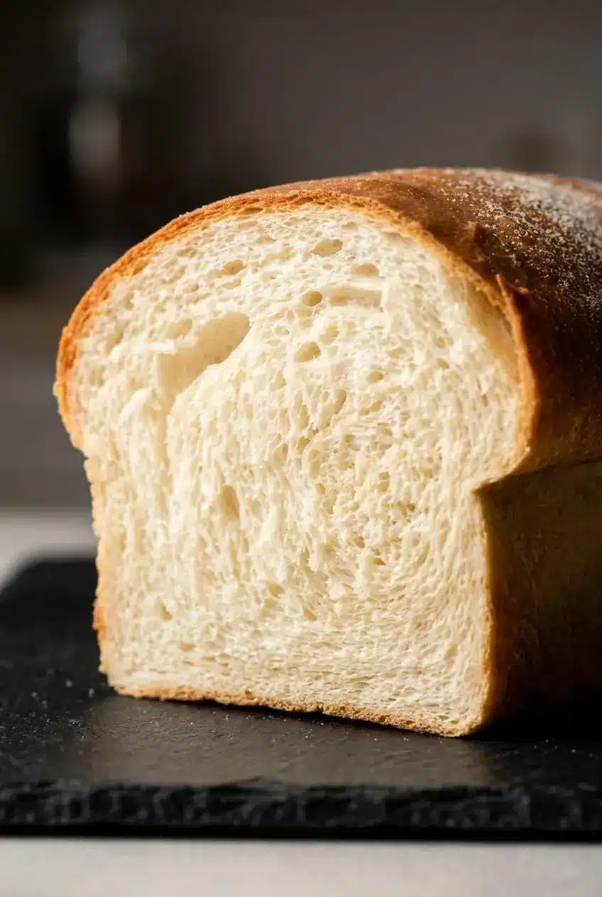 Extreme close-up of a slice of homemade sandwich bread, showing the soft, airy texture of the crumb.