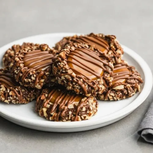 A stack of three soft turtle cookies with chewy caramel centers, a crunchy pecan coating, and a rich chocolate drizzle on a white plate.