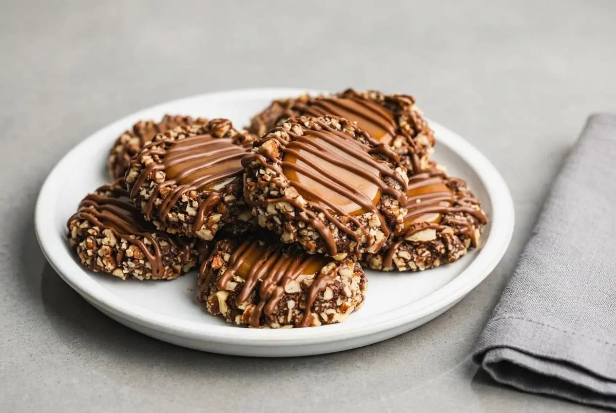 A stack of three soft turtle cookies with chewy caramel centers, a crunchy pecan coating, and a rich chocolate drizzle on a white plate.