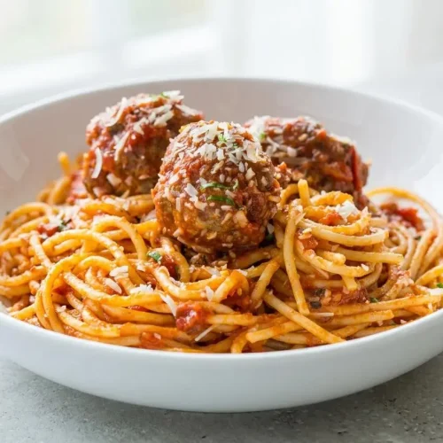 A large white bowl filled with spaghetti and meatballs from an easy Spaghetti and Meatballs Recipe, coated in a rich red tomato sauce and