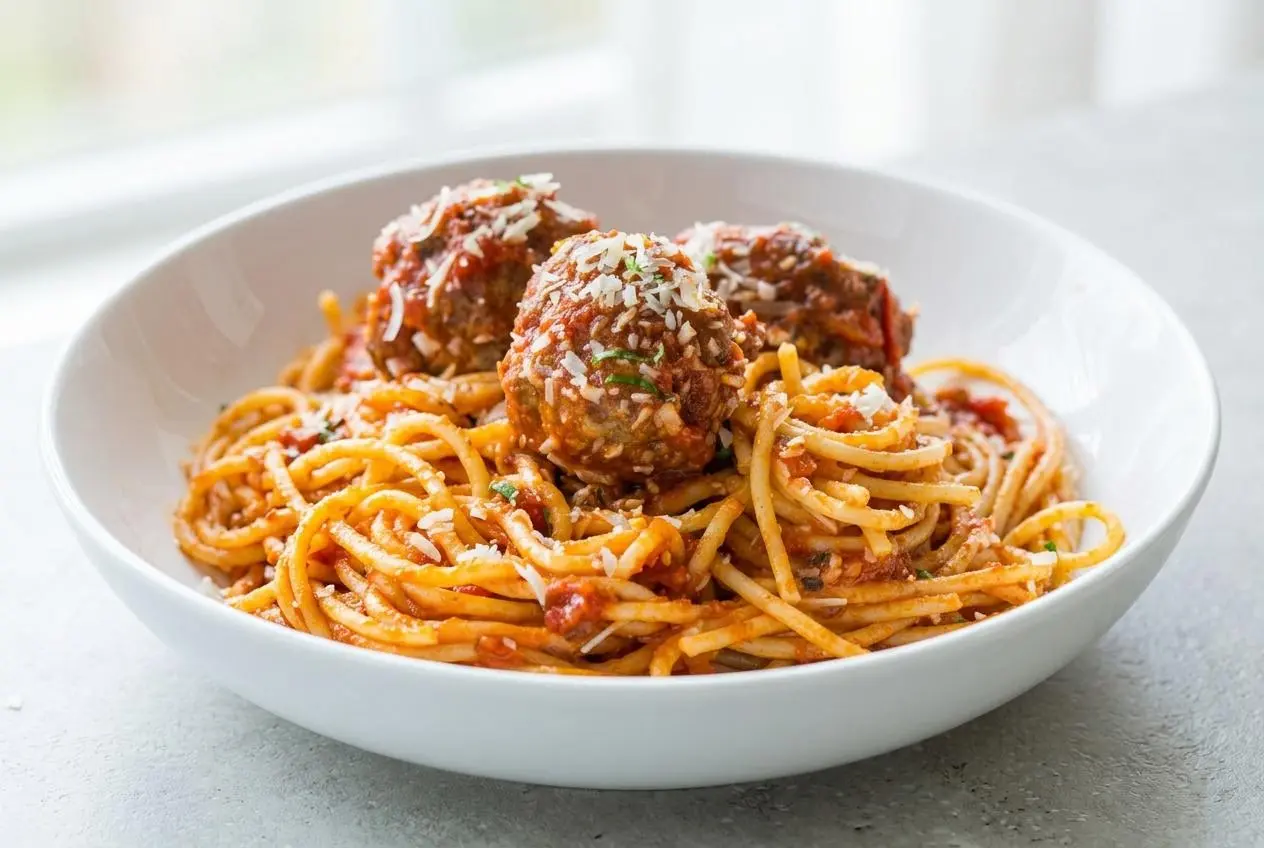 A large white bowl filled with spaghetti and meatballs from an easy Spaghetti and Meatballs Recipe, coated in a rich red tomato sauce and