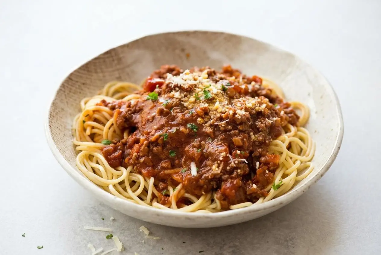 A white bowl of Spaghetti Bolognese with a rich, glossy meat sauce clinging to the pasta, finished with fresh parsley and Parmesan cheese.