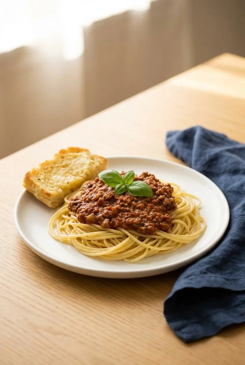 A white plate with spaghetti and meat sauce, garnished with basil, sits on a wooden table next to a piece of garlic bread and a blue napkin.