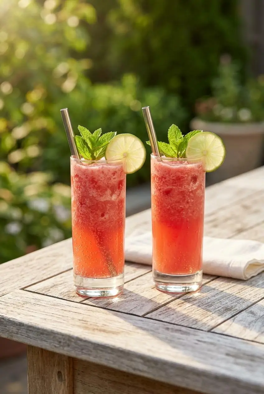 Two tall glasses of sparkling watermelon spritzer on a sunny patio table, each garnished with a fresh mint sprig.