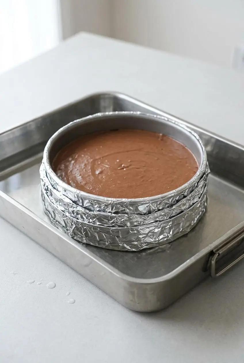 Springform pan wrapped in aluminum foil sitting inside a roasting pan filled with water.