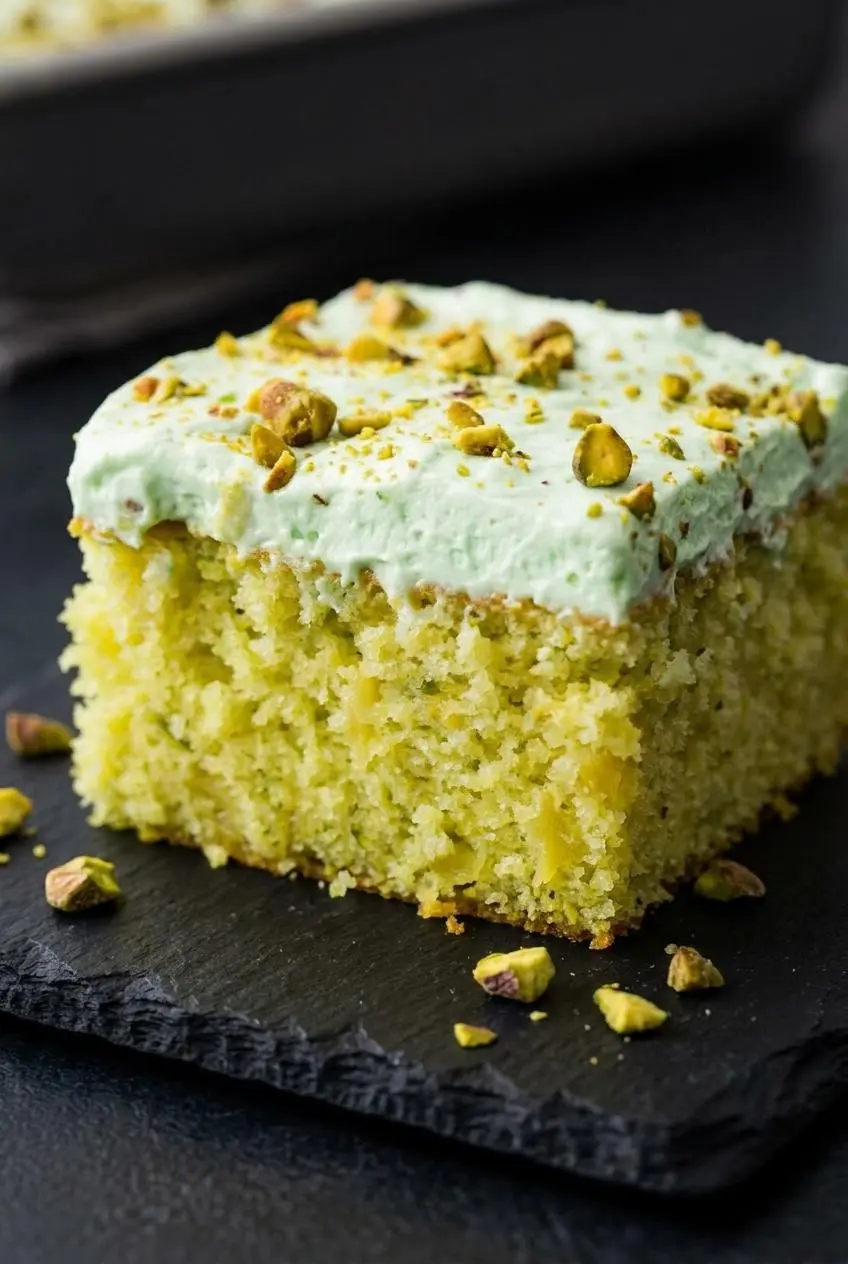 Close-up of fluffy green pistachio pudding frosting topped with chopped raw pistachios on a slice of cake.