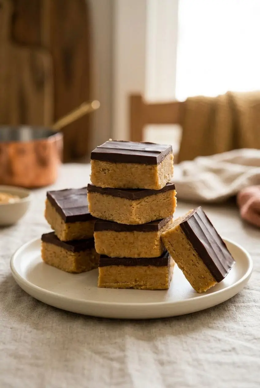 Stack of square peanut butter bars on a ceramic plate, showcasing the classic two-layer format.