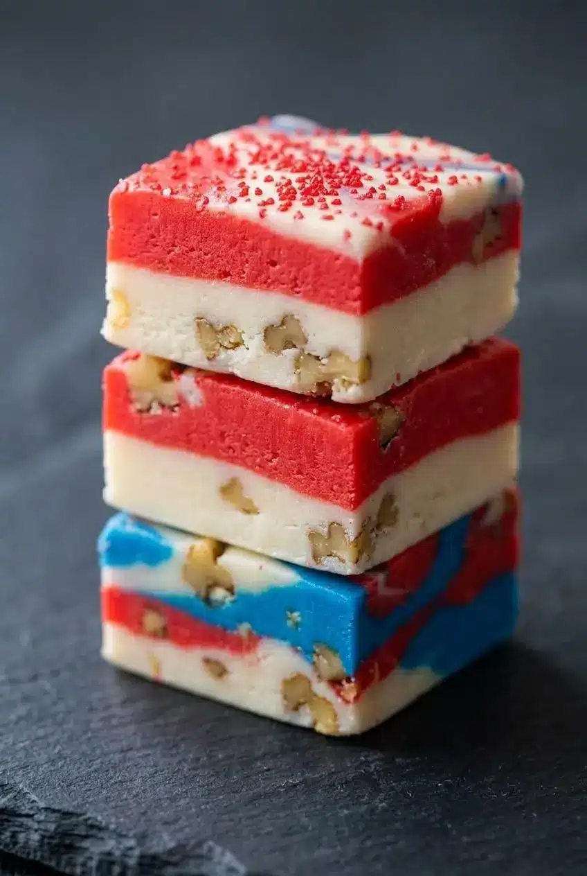 Close-up of three stacked squares of layered fudge with blue, white, and red stripes and red sprinkles.