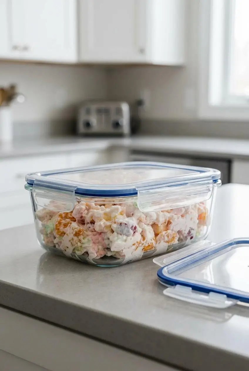 A rectangular glass container filled with ambrosia salad, with its lid resting beside it on a kitchen counter, ready for storage.