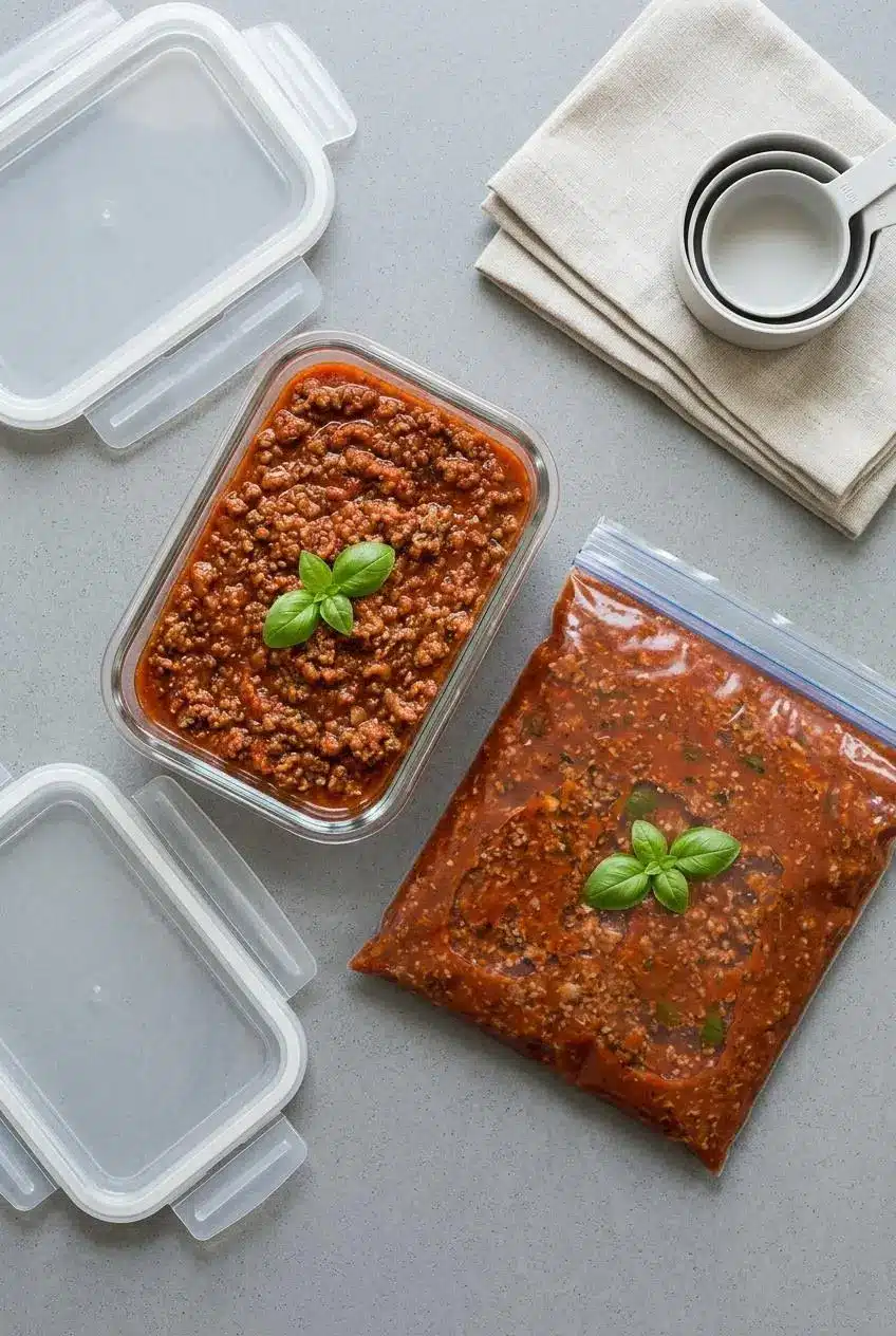 A flat lay image showing homemade spaghetti sauce stored for meal prep in a rectangular glass container and a flat, sealed freezer-safe bag