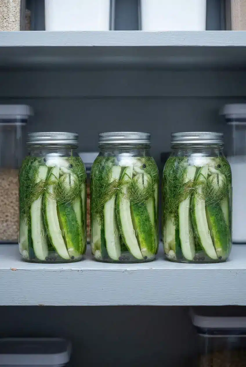 Three sealed glass Mason jars of homemade dill pickles lined up on a light-colored wooden pantry shelf, illustrating proper storage.