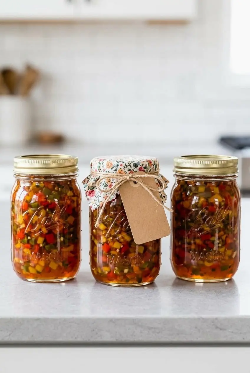 Three sealed jars of homemade pepper jelly lined up on a kitchen counter, one with a fabric lid cover and twine for gifting.