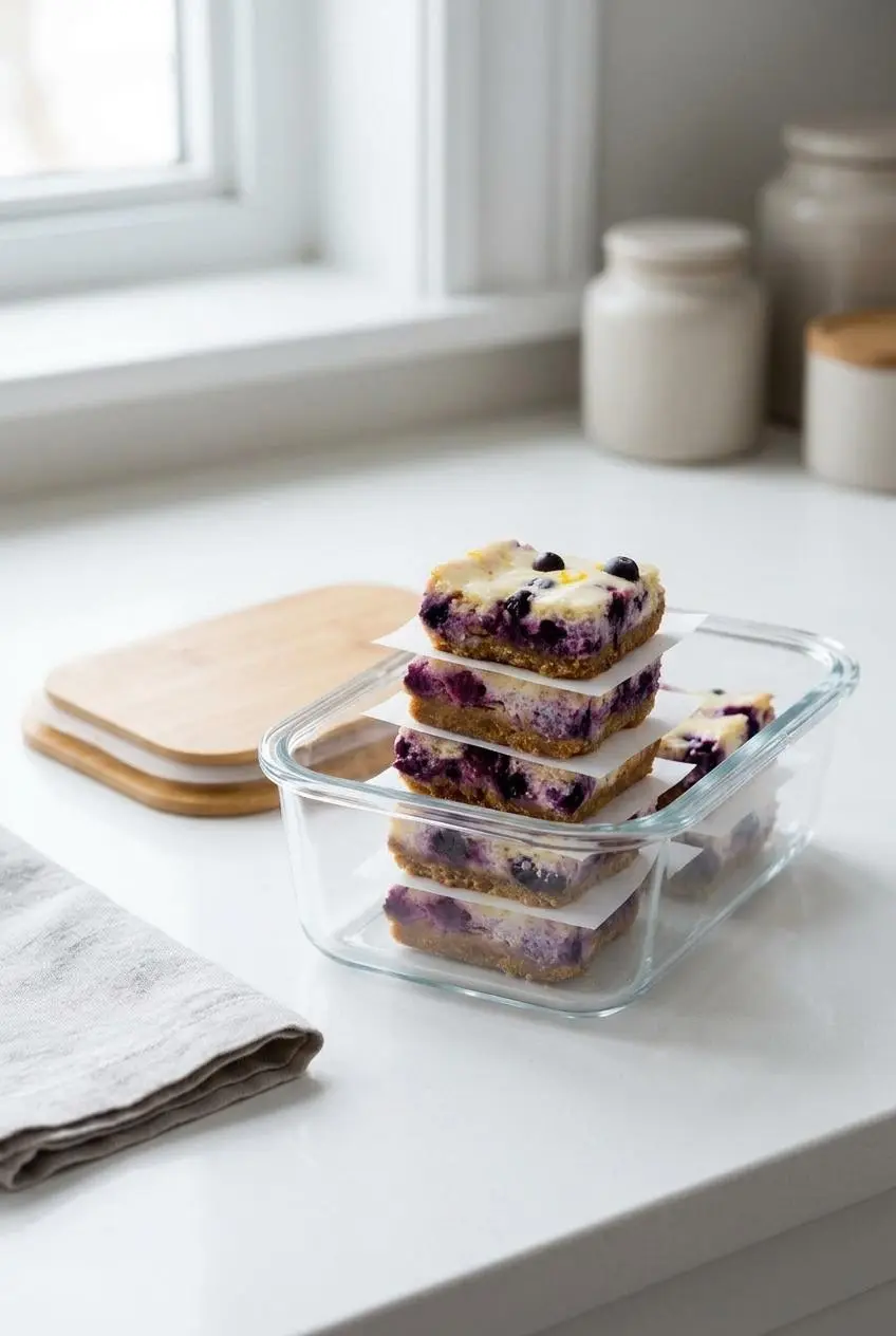 Lemon blueberry cheesecake bars stacked with parchment paper inside a clear glass storage container.