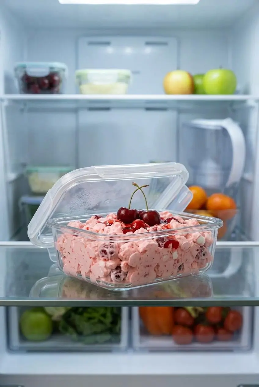 Creamy cherry fluff dessert stored in a rectangular glass meal prep container inside a clean refrigerator.