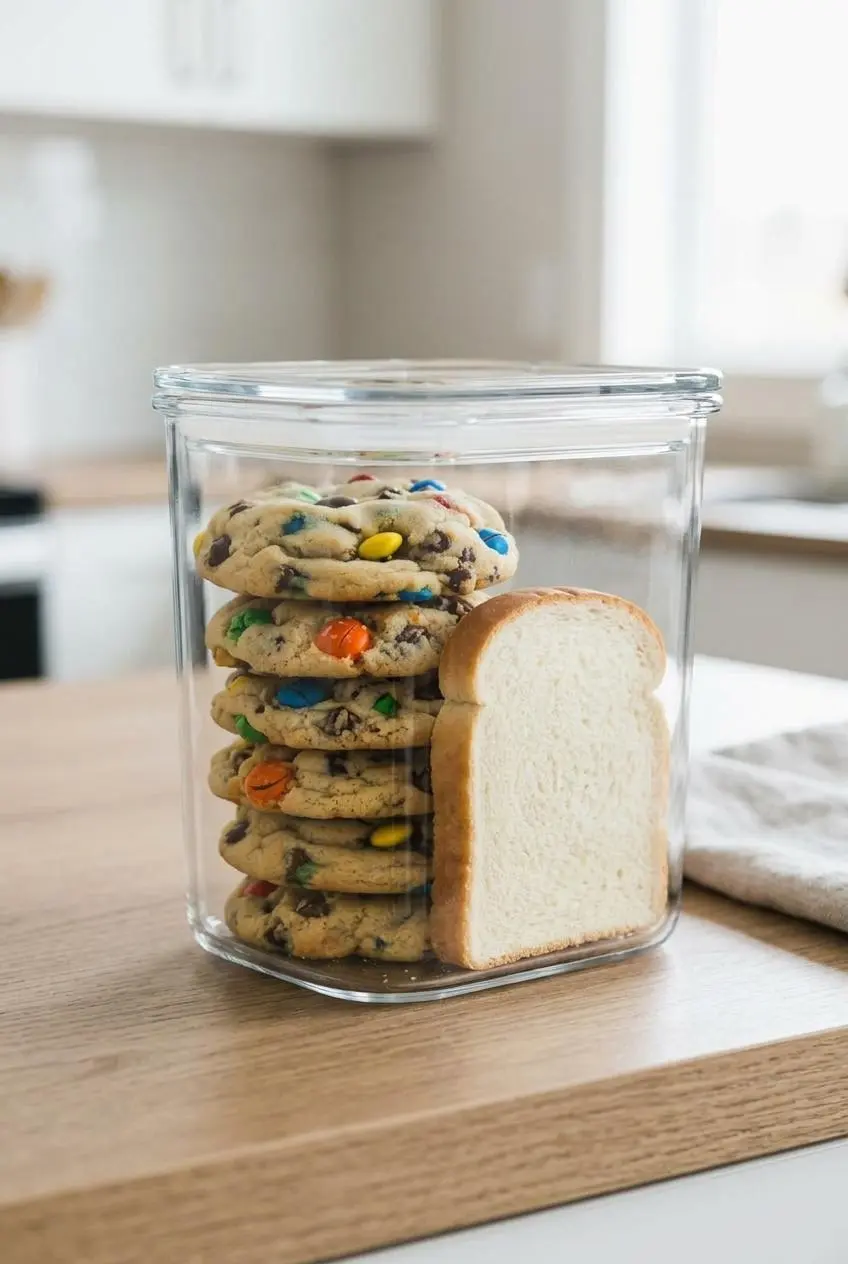 Fresh M&M chocolate chip cookies stacked in a glass storage container next to a slice of white bread.