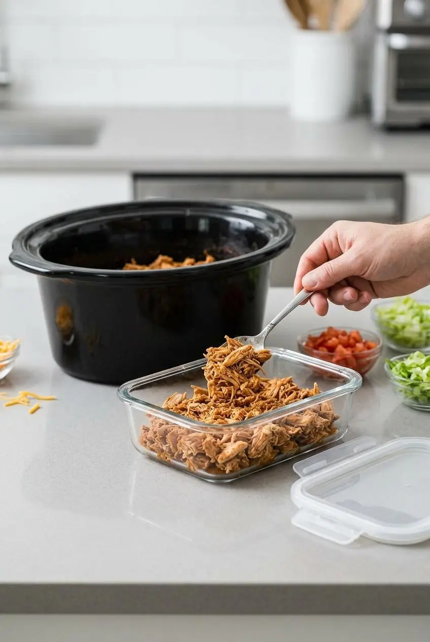 Portioning cooled shredded chicken taco filling into a rectangular glass meal prep container on a kitchen counter.