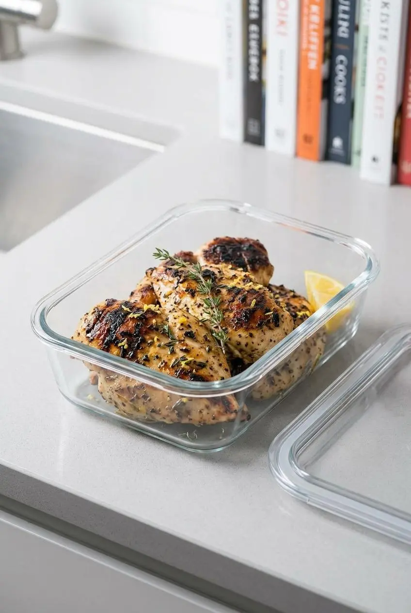 Whole grilled chicken breasts arranged in a rectangular glass food storage container, ready for meal prep.
