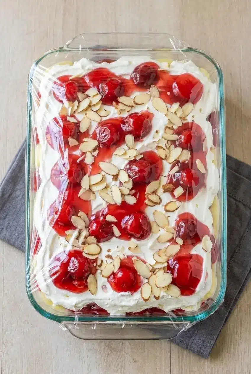 Heaven On Earth Cake in a 9x13 glass baking dish tightly covered with clear plastic wrap.