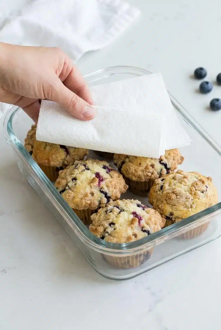 Several cooled blueberry muffins being stored in a single layer inside a clear glass container, with a paper towel on top.